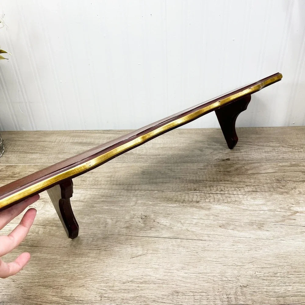 Vintage Maroon and Gold Wooden Plate Shelf - Vintage Wood Curio